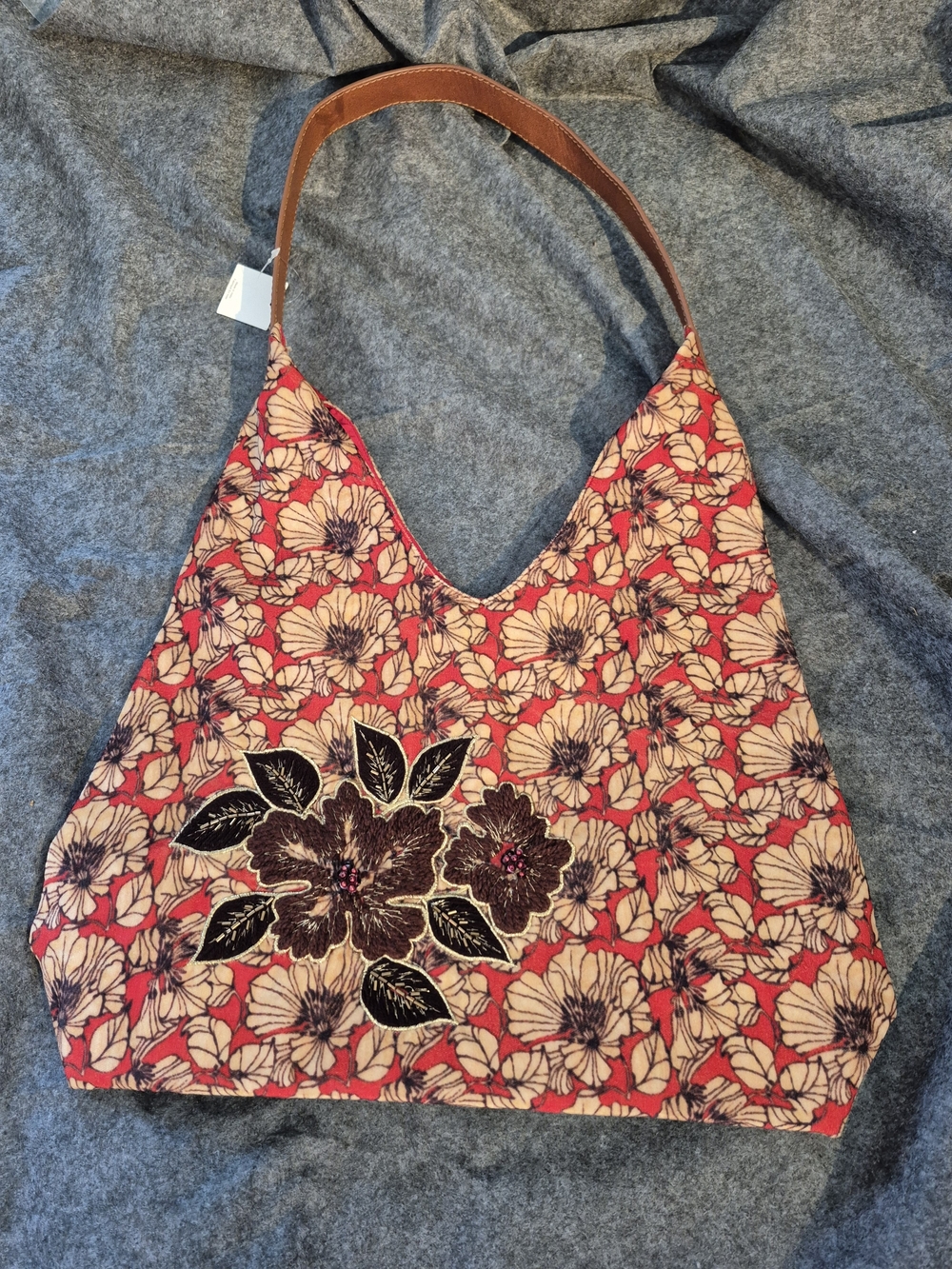 Anthropologie Red Floral Shoulder Bag with Brown Leather Strap and 3d Embroidery